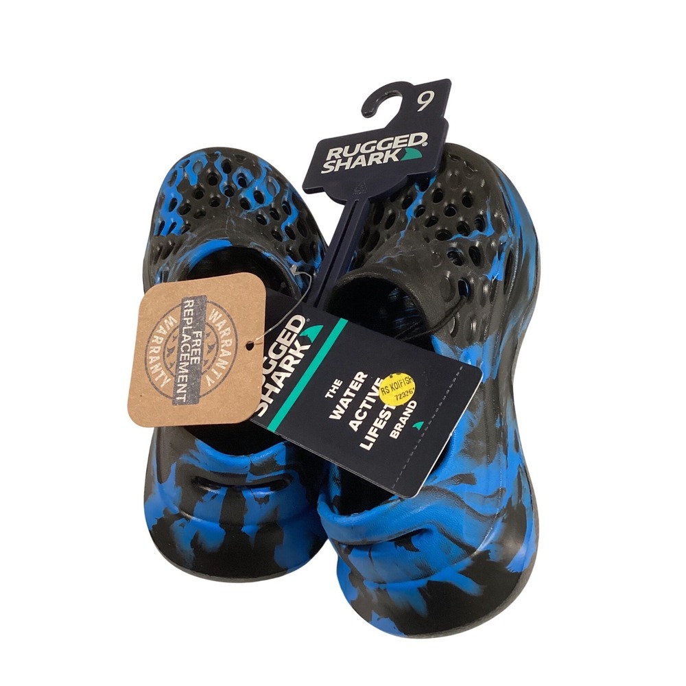 Rugged Shark Kids Water Shoes Blue Black Marble Swirl Slip On Clogs Size 9‎ NEW